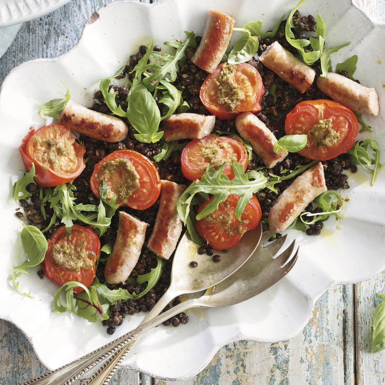 Roast tomato and chipolata salad with puy lentils and pesto | Cook With M&S